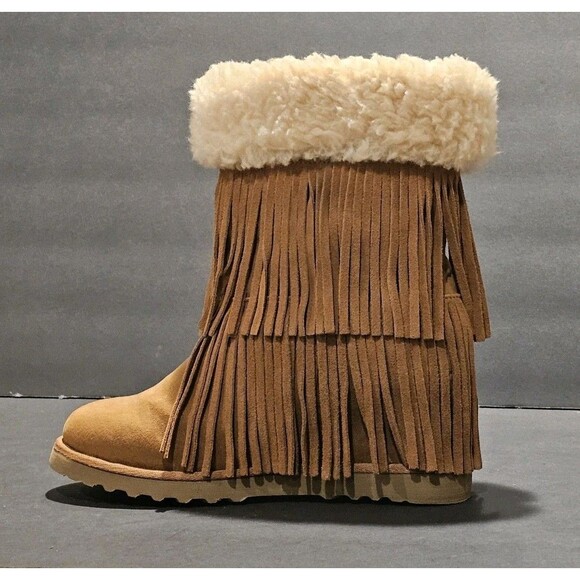 Madden Girl Sleet Fringe Hidden Wedge Boots Faux Fur Suede Chestnut Brown 9.5 M - Picture 11 of 14